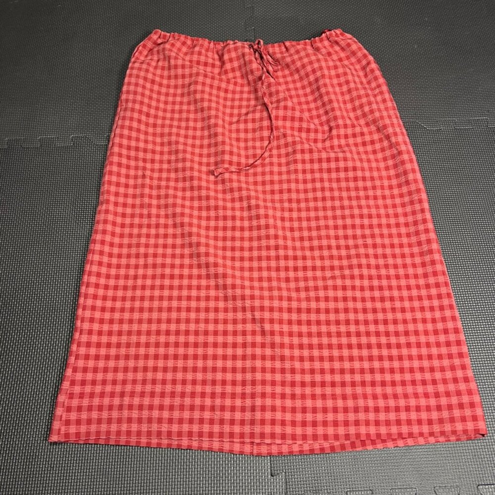 Free People Red Gingham Midi Skirt M Elastic Waist Lightweight Casual